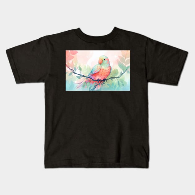 Whimsical and Cute Watercolor Bird Kids T-Shirt by A Badger